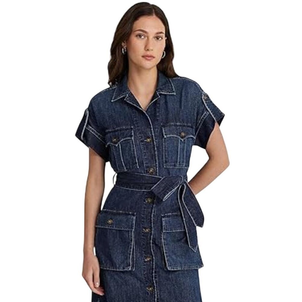 NWT Lauren Ralph Lauren 12 Petite Belted Denim Shirtdress Atlas Wash